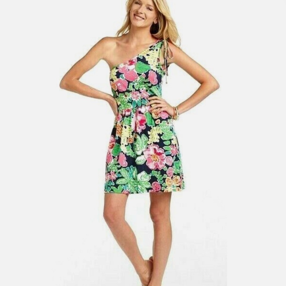 𝅺Lilly Pulitzer Teeki Multi Getaway Garden One Shoulder Dress Large Silk Cotton